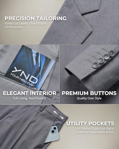 YND Men's 2 Piece Suit with Tie, One Button Slim Fit Solid Jacket and Pants Set, Suits for Men Prom Party Wedding & Business - Image 4