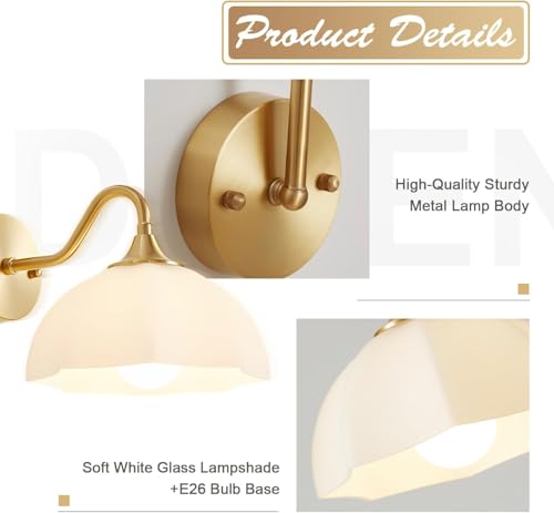 Image of Gold Wall Sconce Set of 2 Mid Century Modern Wall Mount Light Hardwired Sconces Wall Lighting with Milky White Glass Shade Indoor Bedside Sconces Wall Lamp for Living Room Hallway MWL02-2A