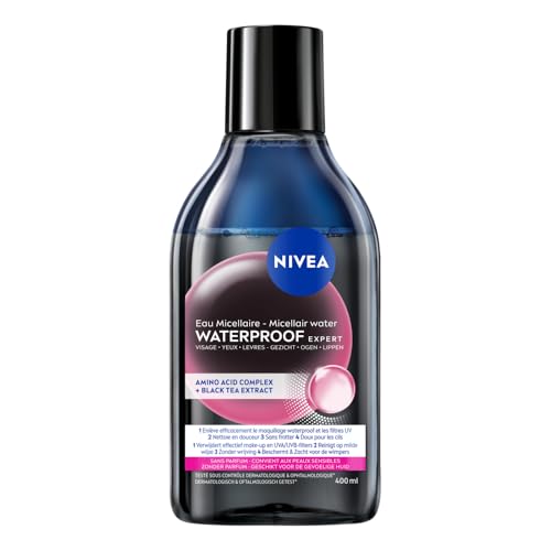 NIVEA - Eau Micellaire Waterproof - Visage, Yeux, Lèvres - Nettoie Les Pores & Démaquille - Doux Pour Les Cils - Micelles, Acide Aminé & Extraits De Thé Noir - Vegan...