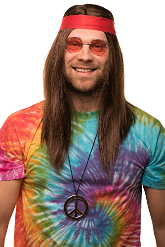 Balinco Ensemble Hippie avec perruque + lunettes de soleil rondes + pendentif Peace + serre-tête rouge pour hommes & femmes années 70 Carnaval
