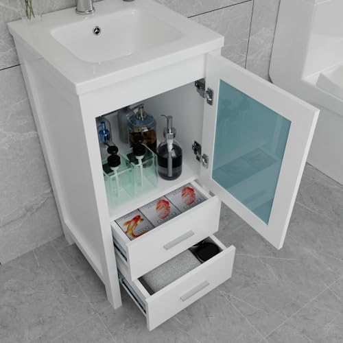 wonline 16" Bathroom Vanity Set, Single Small Bathroom Cabinet with Ceramic Sink, Modern White Cabinet Vanity with Faucet & Pop Up Drain