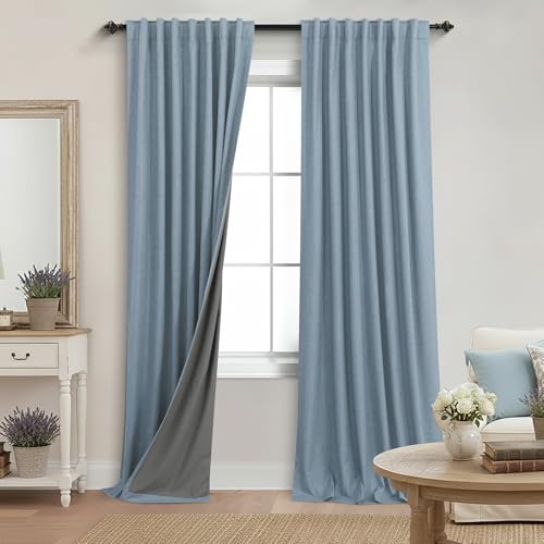 Image of KOUFALL 90 Inch Stone Blue Linen Blackout Curtains, Thermal Insulated Blue Grey Black Out Curtains for Boys Bedroom, Wide 52 x 90 Inch Long, 2 Panels Set