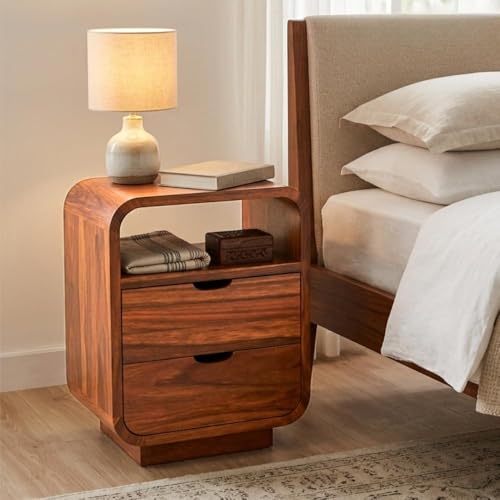Image of Solid Sheesham Wood Rami Bedside Table with 2 Drawer and Shelves Storage for Bedroom Furniture | Wooden Bedside End Tables | Nightstand Side Table for Living Room and Home (Natural Finish)