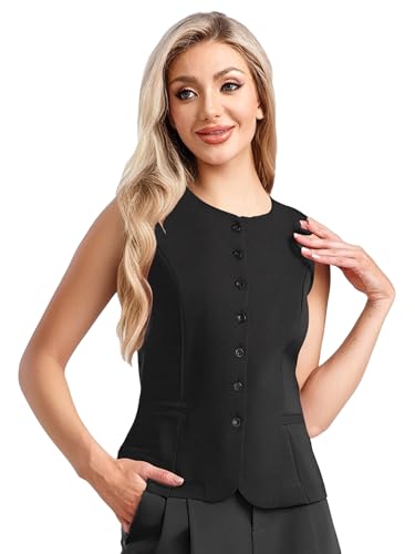 YEAHDOR Womens Vest Sleeveless Button Down Vest Tops Crew Neck Casual Dressy Waistcoat Business Outfits Suit