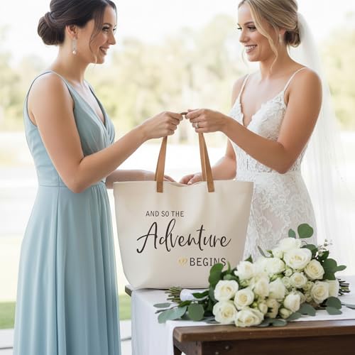 Image of ELEGANTPARK Bridal Shower Gifts for Bride to Be Gifts Engagement Bachelorette Wedding Party Retirement Graduation Present So The Adventure Begins Canvas Tote Bag with Zipper and Pocket
