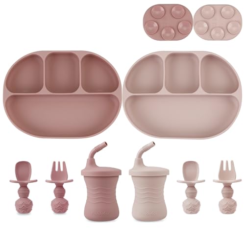Image of PandaEar 2 Silicone Suction Plate with 2 Tiny Sippy Cup and 2 Spoon 2 Fork for Self-Feeding, Divided Toddler Plate, 100% Silicone Baby Food Plate, BPA Free, 8 Pcs Silicone Baby Feeding Set