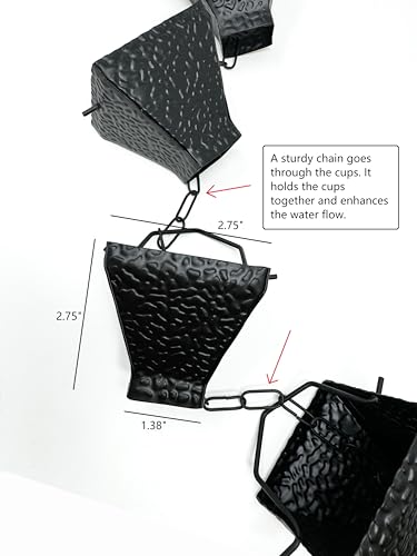 Rain Chains, Roof Gutter Downspout/Spout Channel, Rainwater Water Catcher/Diverter, 8.5 feet Length, Metal, Black Powder Coated, Textured Square Cups with Chain, Modern, 5517BLK-CH - Image 4