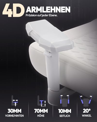 Sedia da gaming da ufficio, portata 200 kg, ergonomica, con braccioli 4D e supporto lombare, altezza regolabile per gamer Esport, colore bianco - Sedia gaming - Immagine 5