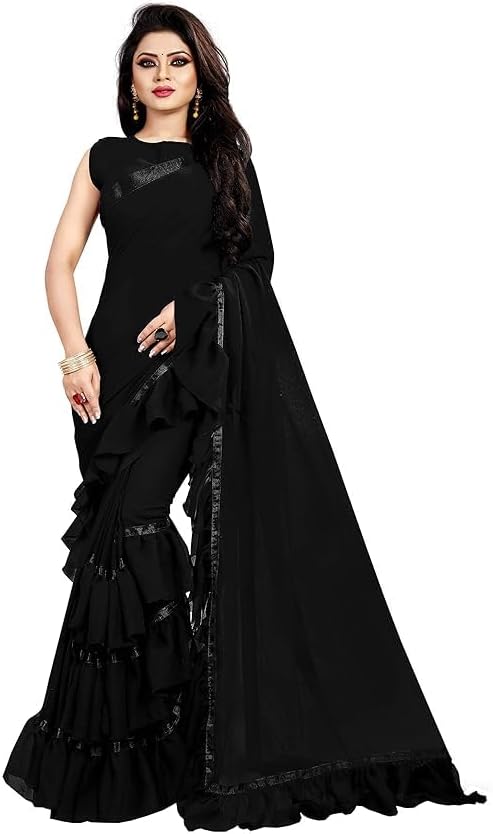 VIBRANCE Saree Ruffle Georgette Ethnic Indian Women Party Wear Frill Designer Border Sari