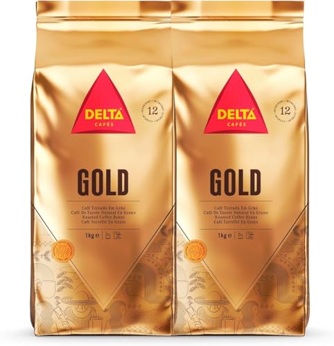Delta Cafés - Café en Grano Gold - 2 Paquetes de 1 Kg - Intensidad 12 - Mezcla Arábica y Robusta - Muy Aromático con Notas de Cereales Tostados y Palomitas Dulces