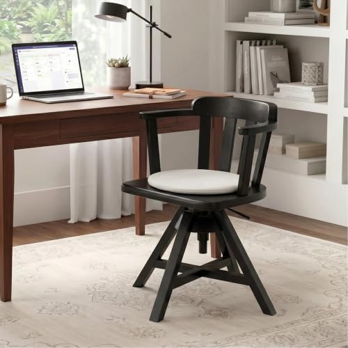 Image of Zesthouse Solid Wood Home Office Desk Chair with Arms, Vintage Office Chair with Adjustable Height, Heavy Duty Desk Chair with Cushion & Slatted Back, Swivel Wooden Computer Task Chair No Wheels Black