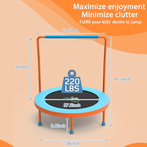 3FT Foldable Kids Trampoline, 36'' Indoor & Outdoor Mini Trampoline for Toddlers, Max Capacity 220 LBS, Adjustable Handlebar, Quiet & Safe Design