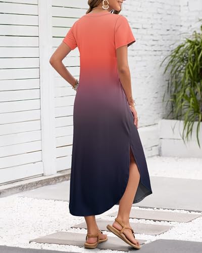 Image of MISFAY Women's Summer Maxi Dress 2026 Casual Short Sleeves V Neck Loose Sundress Split Long Beach T Shirt Dress