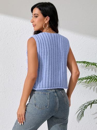 Image of Women Sleeveless Knit Sweater Vest Crochet Chunky Button Down Cardigan Crop Vests Tops with Pockets