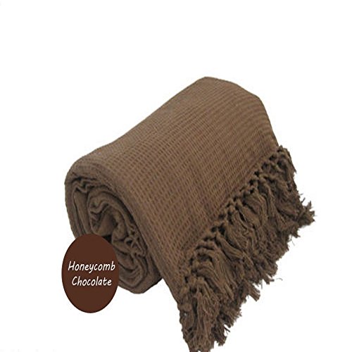 viceroy bedding 100% Cotton Honeycomb Waffle Sofa/Bed Throw, With Tasselled Edging (102" x 102", Chocolate Brown)
