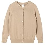 Girls' School Uniform Sweaters Long Sleeve Cotton Knit Crew Neck Cardigan (Khaki, 14-16 Years)