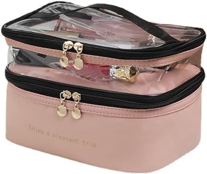 Cute Makeup Bag Travel Cosmetic Bags, Chic Travel Cosmetic Bag Makeup Pouch Portable Travel Toiletry Bag with Zipper Double Layer Women Makeup Travel Bag with Handle Waterproof (Pink)-image-40