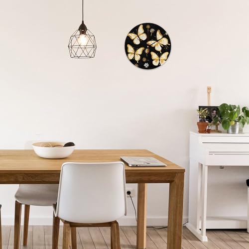 Horloge murale moderne en bois 34 cm à motif papillon noir et doré sans tic-tac
