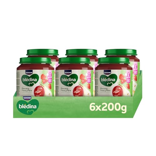 Blédina Tarritos de Manzana, Fresa y Pera para Bebé. Tarritos Blédina con Vitamina C y Sin Azúcares Añadidos. Alto contenido en fibra y Sin Lactosa. Desde los 6 Meses, Pack 6x200g
