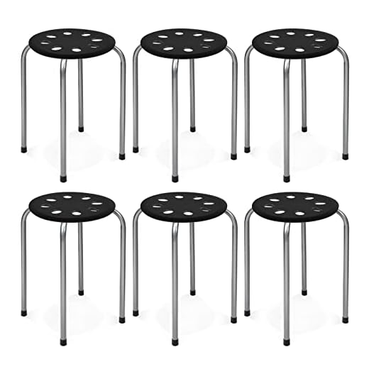COSTWAY 6-Pack Plastic Stack Stools, 17.5-Inch Portable Stackable Stools with Metal Frame, Backless School Classroom Decoration Stools with Round Top Ideal for Kids Children Students, Black+Grey