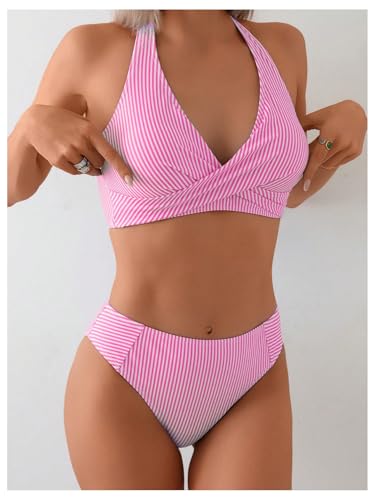 Verdusa Women's 2 Piece Striped Halter Bikini Set Cross Thong Bathing Suit3