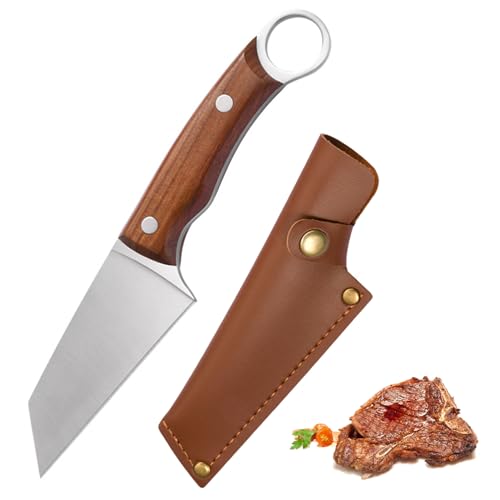 Doklasu Japanese Small Chefs Knife 4 inch Full Tang Kitchen Knvies Handmade Forged High Carbon Steel BBQ Knife with Sheath and Wooden Handle