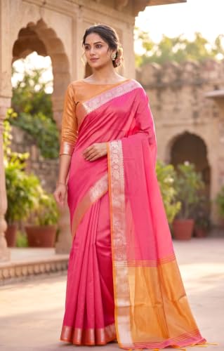 Image of Women's Pure Cotton Banarasi Silk Saree With Unstitched Blouse Piece