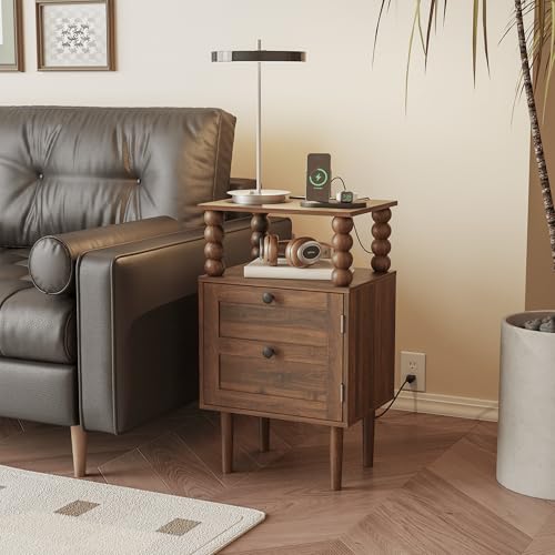 Image of Veegle Nightstand with Charging Station,Retro Bedside Table,Dark Walnut