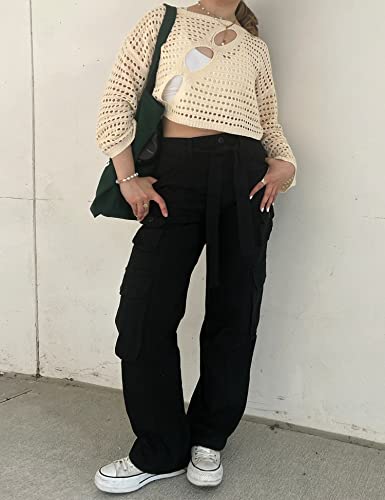 Micoson Cargo Pants Women High Waist Casual Fit Multi-Pockets Straight Lounge Solid Black Denim Petite Fashion Y2K Pants Black,S #TOP2