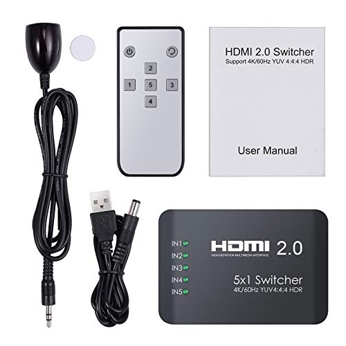 Neoteck 4K HDMI 2.0 Switcher 5 Porte Switch 5 Entrata 1 Uscita Supporta 4K@60Hz YUV 4:4:4 e HDR HDMI con Telecomando IR per Blu-ray PS4 Pro TV Laptop Projector HDTV