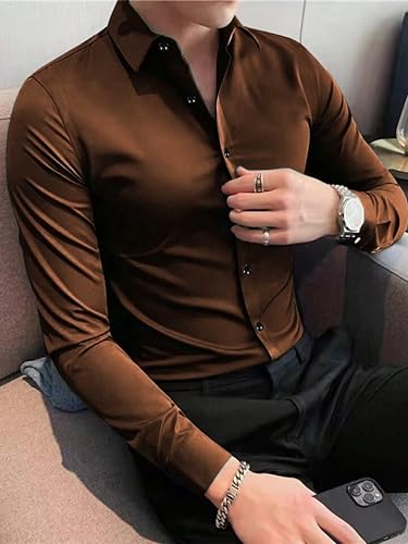 Image of IndoPrimo Men's Satin Shirt with Spread Collar Neck Line Solid Pattern Full Sleeves Regular Fit Western Style and Standard Length