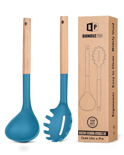 Silicone Pasta Fork and Ladle Spoon Set with Wooden Handle, Heat Resistant Non Stick Kitchen Utensils for Cooking, Stirring, Serving Spaghetti, Soup, Sauce (Blue)