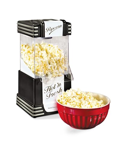Nostalgia Máquina retro para hacer palomitas de maíz de aire caliente, 12 tazas sin aceite, máquina de encimera con taza medidora, aperitivos saludables y noches de cine, color negro