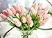JOEJISN 30pcs Artificial Tulips Flowers Real Touch Pink Tulips Fake Holland PU Tulip Bouquet Latex Flowers for Wedding Party Office Home Kitchen Decoration (Pink)