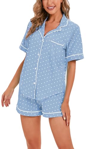Image of LUBOT 100% Cotton Pajamas for Women 2 Piece PJ Set Button-Down Soft Knit Short Sleeve Summer Sleepwear Loungewear XS-XXL