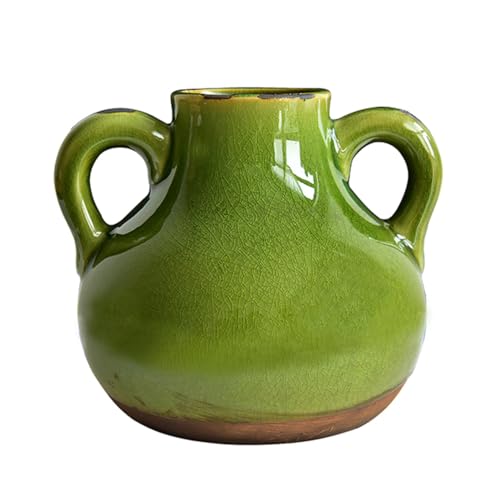 Lllunimon Green Ceramic Vase with 2 Handles Boho Modern Farmhouse Vase, Beautiful Decorative Flower Vase for Home Decor, Centerpiece for Table