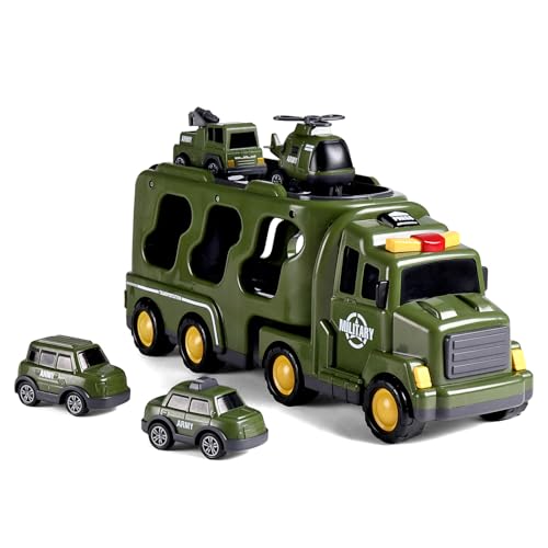 Image of Play Nation 5-in-1 Friction-Powered Truck Toy Set with Light&Sound-Educational Transport Carrier Vehicle for Kids 3 Years+,Emergency Rescue Toy for Girls&Boys,Birthday Gift (Military Army,Green)