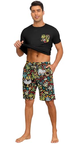 Image of PrinStory Mens Summer Pajamas Set Lightweight Pjs Sets Short Sleeve Pajama Shorts Set Soft Sleepwear Loungewear with Pockets