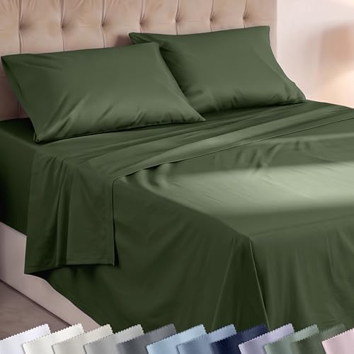 Image of Super Soft 100% Cotton Full Size Sheet Sets, 4 Pc Set, Olive Green | Lightweight & Breathable For Hot Sleepers, 14 inch Deep Pocket, All-Around Elastic, Durable, Easy Care, OekoTex Certified