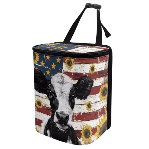 Image of Talayituse Cow Sunflower American Flag Print Car Trash Can with Adjustable Straps, Foldable Car Trash Bag Bin Car Garbage Bag Multipurpose Storage Box for Vehicle Travel Camping Picnicing