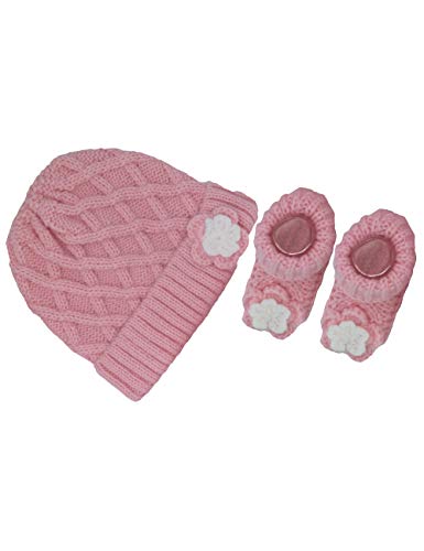 Newborn Baby Knit Flower Cap & Bootie Set - ONE Size: 0-6 Months - Light Pink