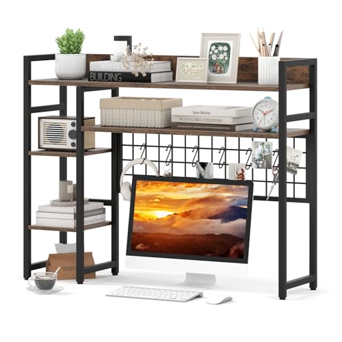 Image of Tangkula Desktop Bookshelf for Computer Monitor Up to 32 inch, 37 inch x 29 inch Countertop Storage Hutch with 4 Open Storage Shelves, Grid Panel, Anti-tip Device, 4-Tier Desktop Display Shelves for Home Office