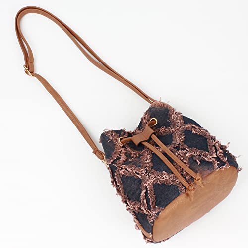 Image of Women Denim Mini Bucket Shoulder Crossbody Bag Drawstring Quilted Distressed Tassel Barrel Shape Satchel Purse