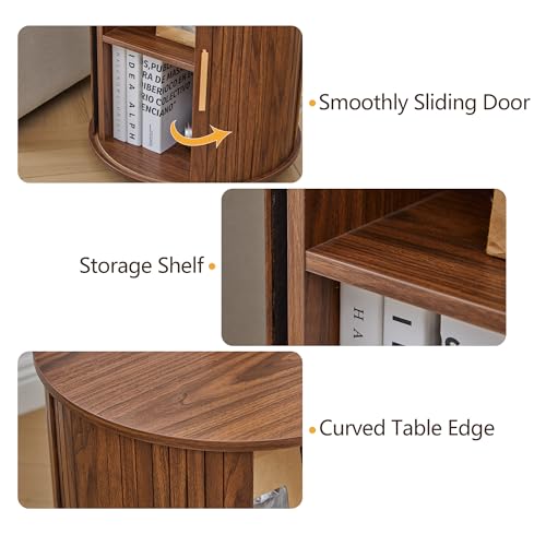 Image of 18 inch Fluted Round Nightstand with Charging Station,Mid Century Small Round Bed Side Table with Storage for Living Room, Walnut Color Wood End Table with Silding Door for Bedroom (1Pcs, Walnut))