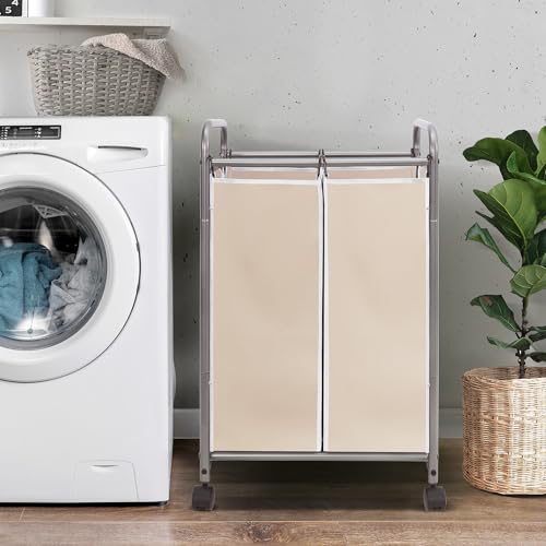 Image of STORAGE MANIAC Laundry Sorter 2 Section, 90 L Gal Laundry Hamper with Wheels, Clothes Basket Separator Sorter, 2 Bag Cart and Removable Bags for Closet, Dorm, Collage, Beige