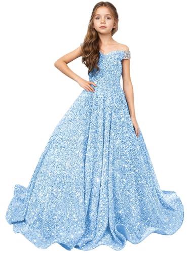Sequin Flower Girl Dresses for Wedding Off Shoulder Princess Pageant Dress Girls Birthday Party Ball Gown