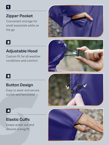 Image of SaphiRose Adult Rain Poncho Waterproof Hooded Zipper Raincoat with Pockets | OEKO-TEX Certified 100% Polyester, Lightweight Packable Storage Pouch, Heat-Sealed Seams, Quick-Dry for Outdoor Hiking