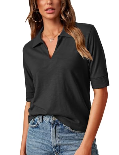 Minclouse Women's Elbow Sleeve Collared Tee Casual Relaxed Fit Tops V Neck Summer Blouse (Black,XX-Large)