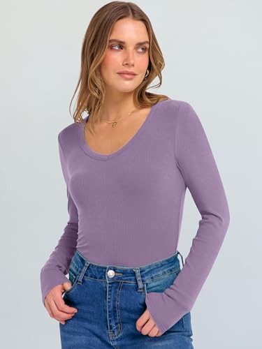 Image of ANRABESS Long Sleeve V Neck Shirts for Women | Soft Comfy Ribbed Knit Fitted Tshirts, Casual Going Out Tops, 2026 Trendy Basic, Fall Winter Underscrub Layering Clothes