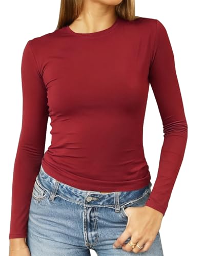 Image of Abardsion Women's Slim Lightweigh Long Sleeve T Shirts | Fall Clothes 2026 Casual Basic Crewneck Going Out Crop Tops Y2K